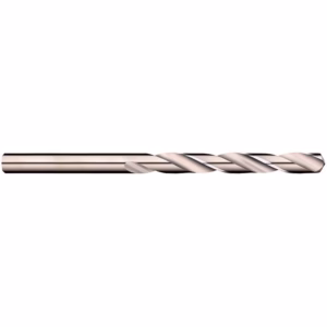 Metal twist drill bit lying horizontally, shiny and cylindrical, used for drilling holes in metal or wood.