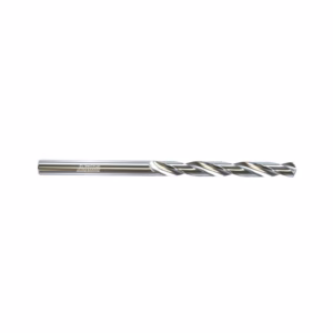 Silver twist drill bit on a white background, showing the cutting spirals used for drilling metal or wood