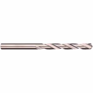 Metal twist drill bit for drilling holes, shown in close-up with a shiny helical flute, cylindrical shank at left