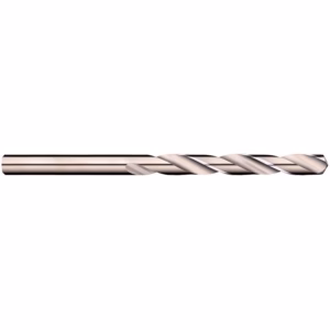 Metal twist drill bit lying horizontally, with visible helical flutes.