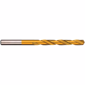 Gold-coated twist drill bit with helical flutes, laid horizontally on white background, isolated