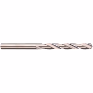 Horizontal metal twist drill bit on a white background.