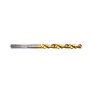 Gold-coated twist drill bit with a silver shank, used for drilling metal
