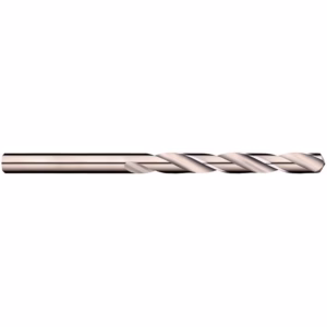 Long metallic twist drill bit with helical flutes on a white background.