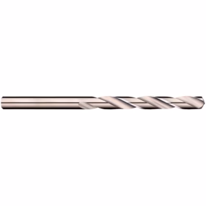 Twisted metal drill bit with spiral flutes, lying horizontally on white background