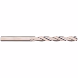 Twist drill bit with helical flutes and metallic finish laid horizontally on a white background