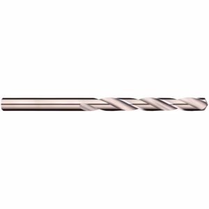 Horizontal metal twist drill bit on a white background, ready for drilling into material