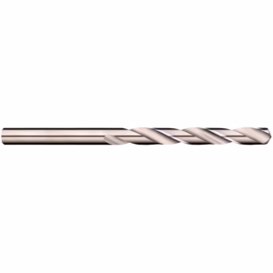 Long metallic twist drill bit against a white background, shown in profile.