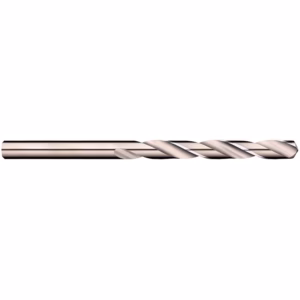 Metal twist drill bit laid horizontally against a white background in shiny, coppery metal.