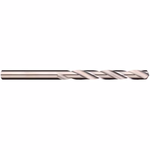 Twist drill bit with helical grooves and a cylindrical shank on a white background