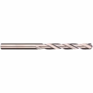Twist drill bit facing left, metallic silver with helical flutes, used for drilling holes in metal or wood.
