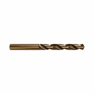 Brown-coated twist drill bit with spiral flutes laid horizontally, used for drilling metal or wood