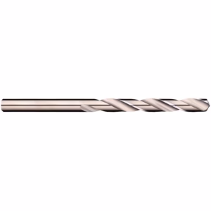 Long twist drill bit made of shiny metal with helical flutes against a white background