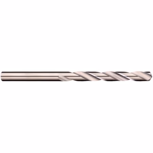 Metal twist drill bit lying horizontally, showing its helical flutes.