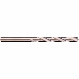 Metal twist drill bit with helical flutes on a white background