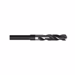 Twist drill bit with black shank and silver, helical flutes viewed from the side