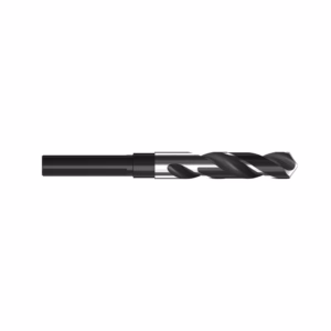 Twist drill bit with a black oxide coating and a metallic shank, shown in profile from the side.