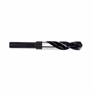 Twist drill bit with black-coated fluted tip and silver shank used for metal drilling