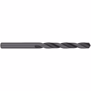 Long twist drill bit for metal with helical flutes and a straight shank.