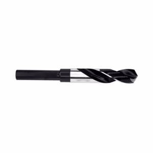 Twist drill bit with a black coated fluted end and silver shank, laid horizontally on a white background.
