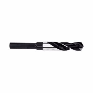 Coated twist drill bit for metal drilling, shown horizontally with black cutting flutes and silver shank
