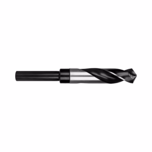 Twist drill bit with a black shank and silver fluted body on a white background