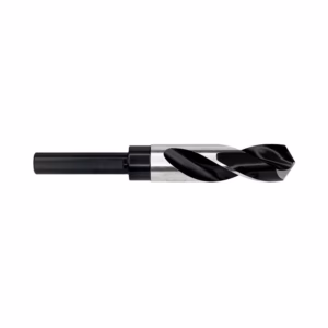 Twist drill bit with a black shank and silver helically fluted body, used for drilling holes.
