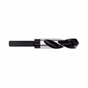 Twist drill bit with black coated flutes and silver shank, viewed side-on. Used for drilling holes in metal or wood.