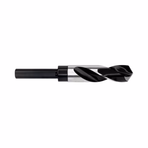 Twist drill bit with a silver body and black carbide-coated tip photographed against a white background