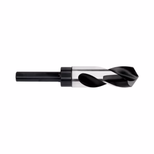 Metal twist drill bit with black shank and silver body, shown in side view with spiraled flutes