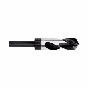 Twist drill bit with a polished metal body and black helical flutes, used for drilling holes in metal or wood