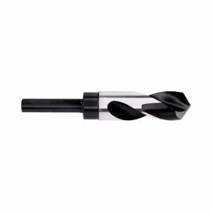 Twist drill bit with a silver shank and black helical flutes used for metal drilling as shown from the side view