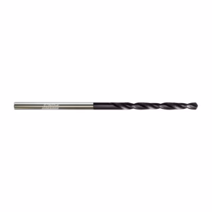 Long twist drill bit with a silver shank and dark spiraled flutes for drilling metal or wood