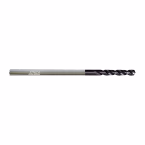 Long silver twist drill bit with black twisted cutting flutes at the tip, laid horizontally against a white background.