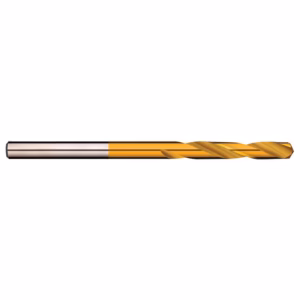 Gold-coated twist drill bit with a silver shank lying horizontally