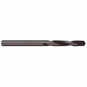 Dark twist drill bit with helical flutes and cylindrical shank, used for boring holes in metal or wood