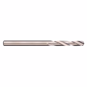 Long metallic drill bit with twisted flutes, lying horizontally on a white background.