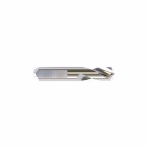 Metal drill bit with twisted flutes on a white background, shown edge-on for drilling.