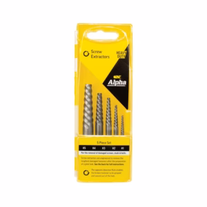 Five-piece screw extractor set in a yellow Alpha package, labeled heavy duty, for removing damaged screws, studs and bolts (sizes #5 to #1).