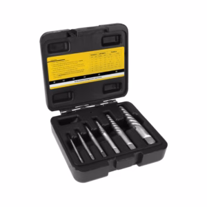Metal drill bit set in a black plastic case with a yellow instruction label on the lid, bits arranged in foam slots.