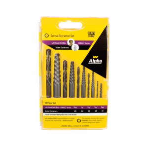 Yellow Alpha Screw Extractor Set in a clear plastic case; 10-piece left-hand drill bits, cobalt series, with sizes shown on the label.