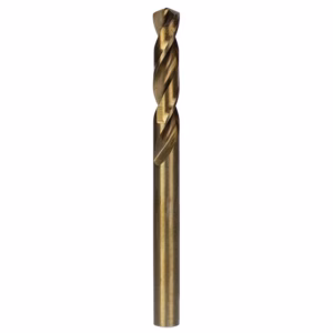 Gold-colored twist drill bit standing upright against a white background.
