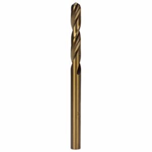 Gold-coated twist drill bit with spiral flutes, standing upright