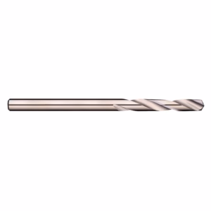 Metal twist drill bit with a shiny finish lying horizontally on a white background.