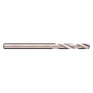 Rose-gold twist drill bit lying horizontally on a white background for metal drilling