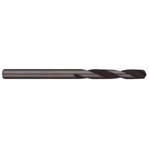 Twist drill bit with a dark metal finish, laid horizontally against a white background, showing spiral flutes for drilling edges near the tip (informative)