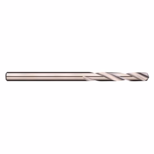 Long metallic twist drill bit laid horizontally on a white background.