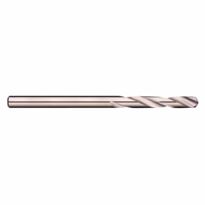 Copper-colored twist drill bit with helical flutes photographed in profile