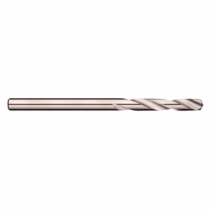 Horizontal gold-colored twist drill bit on a white background, showing cutting flutes near the right end