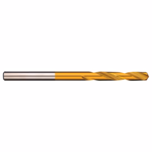 Gold-coated twist drill bit laid horizontally on a white background